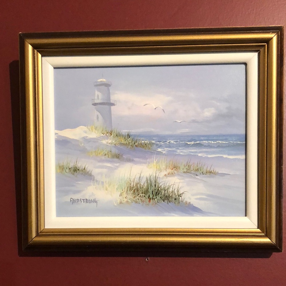 Framed Coastal Lighthouse Beach Original  Oil Painting signed Armstrong